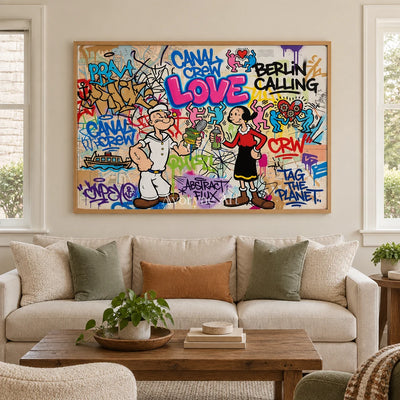 Soft Vista playful character wall art with a wood frame in a villa living space