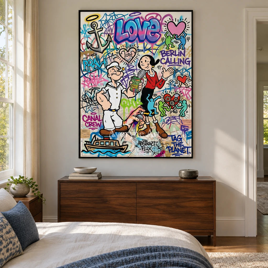 Soft Current playful character wall art with a black frame above a bed in a bedroom