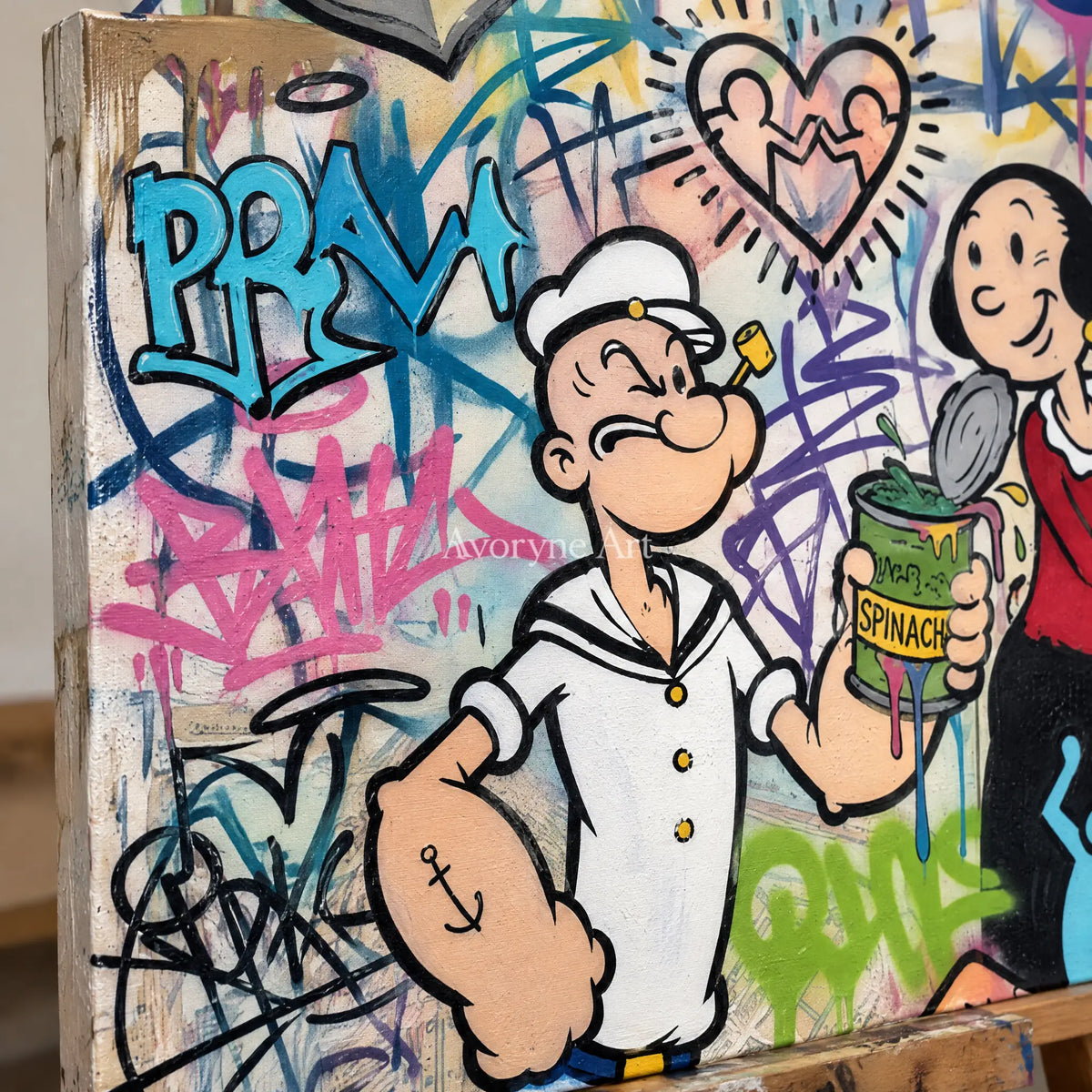 Close-up of the hand-painted texture of Soft Current playful character wall art on an easel