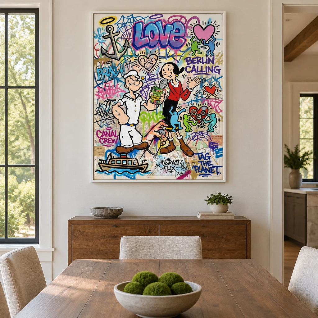 Soft Current playful character wall art with a white frame in a dining room