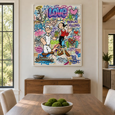 Soft Current playful character wall art with a white frame in a dining room