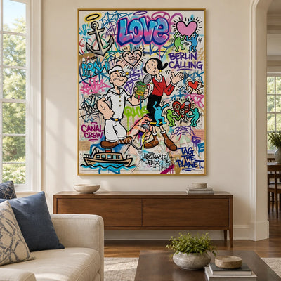 Soft Current playful character wall art with a gold frame hanging in a living room