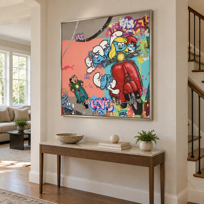 Soft Reverberation playful character wall art with a silver frame in an entryway