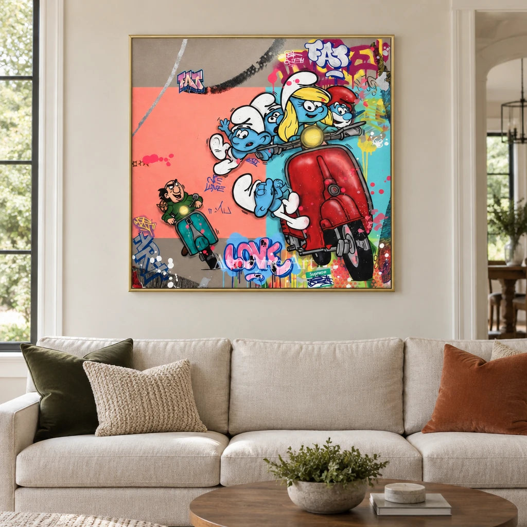 Soft Reverberation playful character wall art with a gold frame hanging in a living room