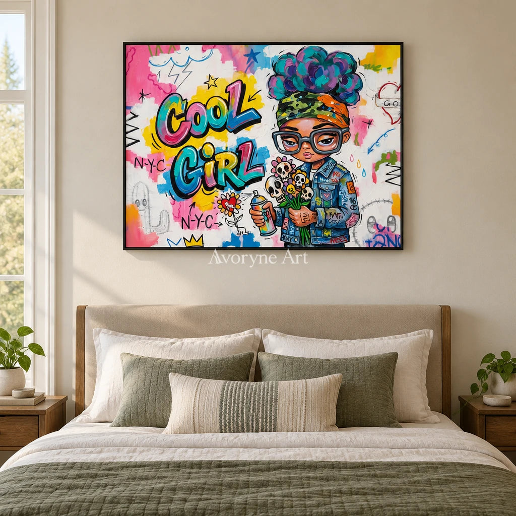 Soft Dialogue playful character wall art with a black frame above a bed in a bedroom