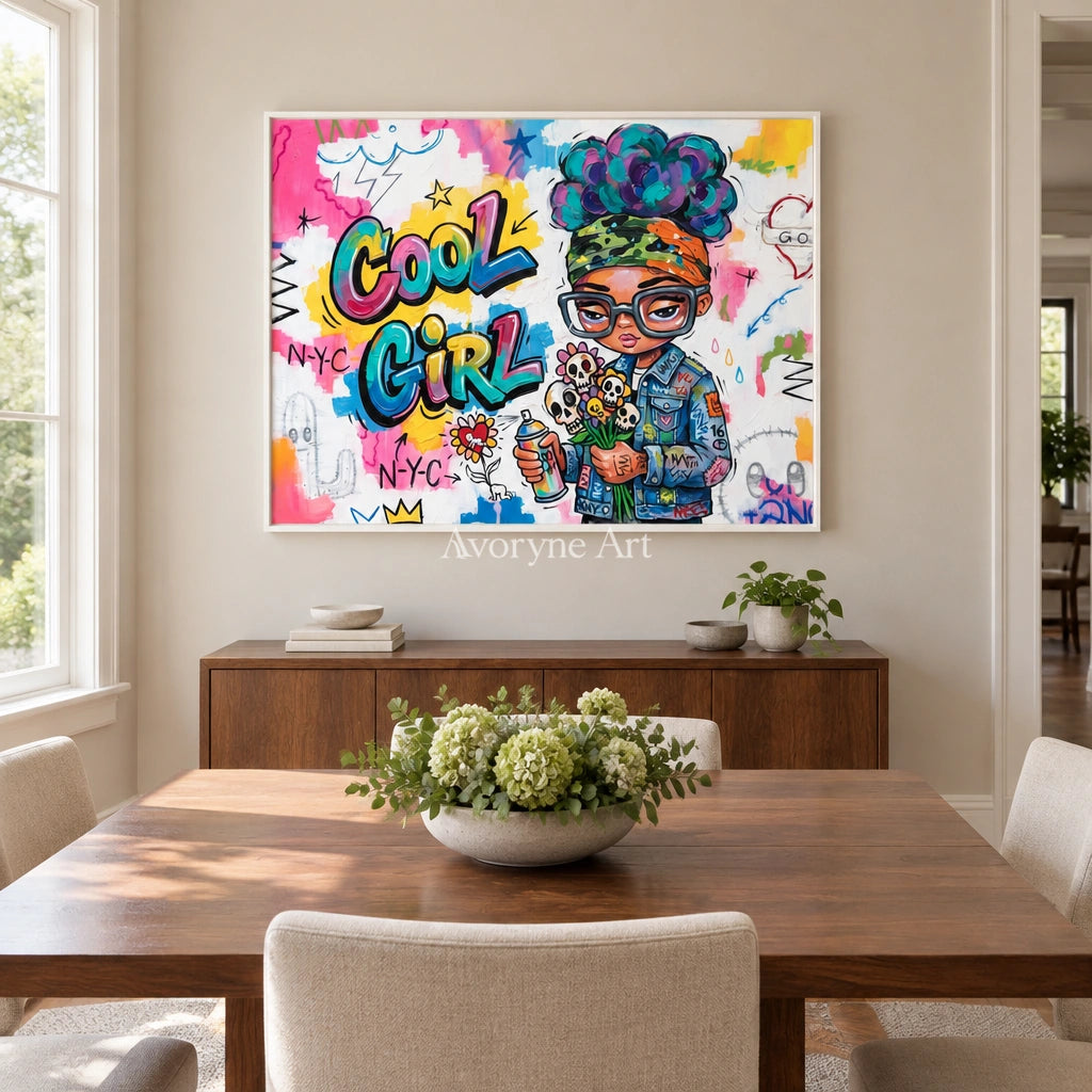 Soft Dialogue playful character wall art with a white frame in a dining room