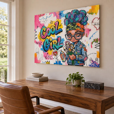 Soft Dialogue playful character wall art as a frameless stretched canvas in a home office