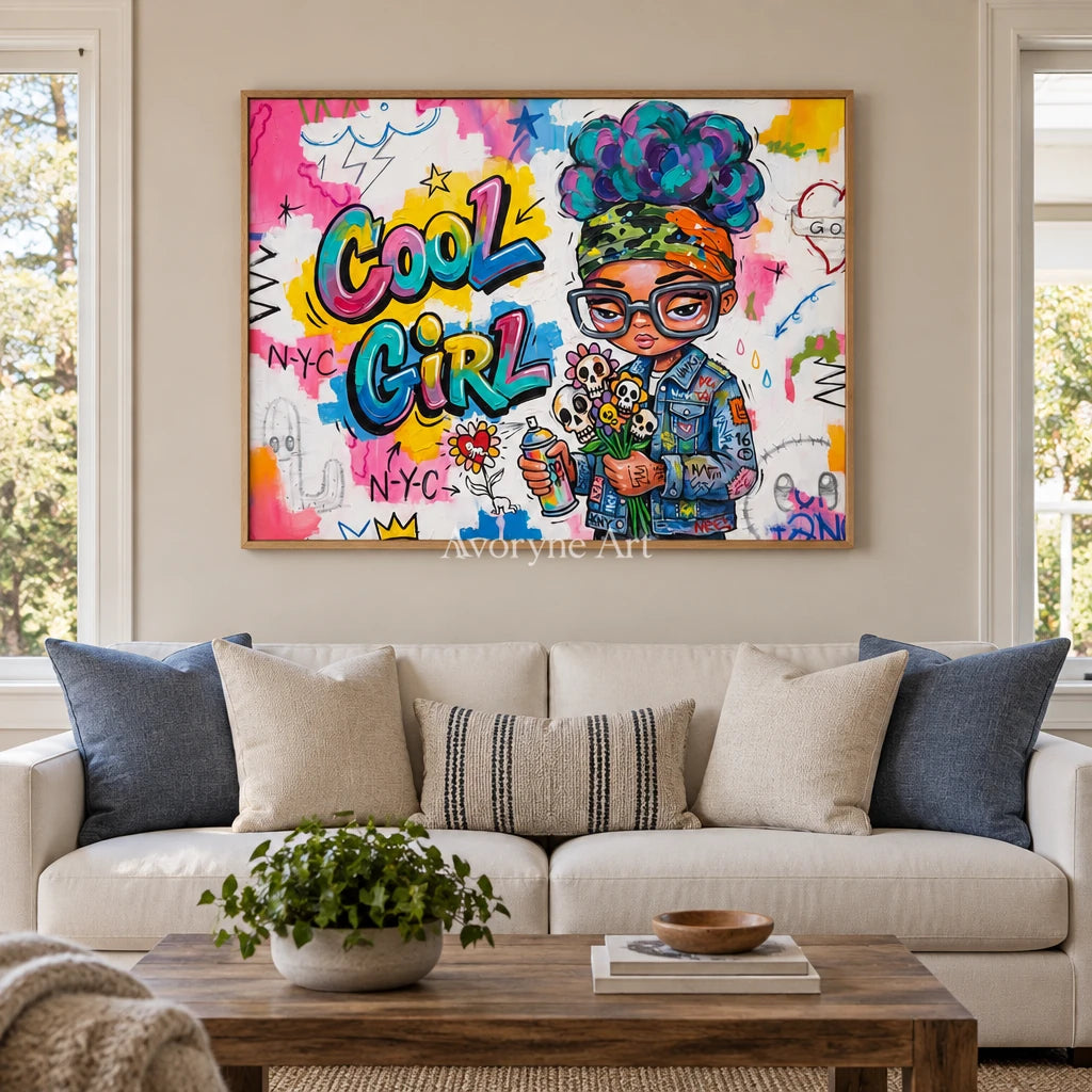 Soft Dialogue playful character wall art with a wood frame in a villa living space