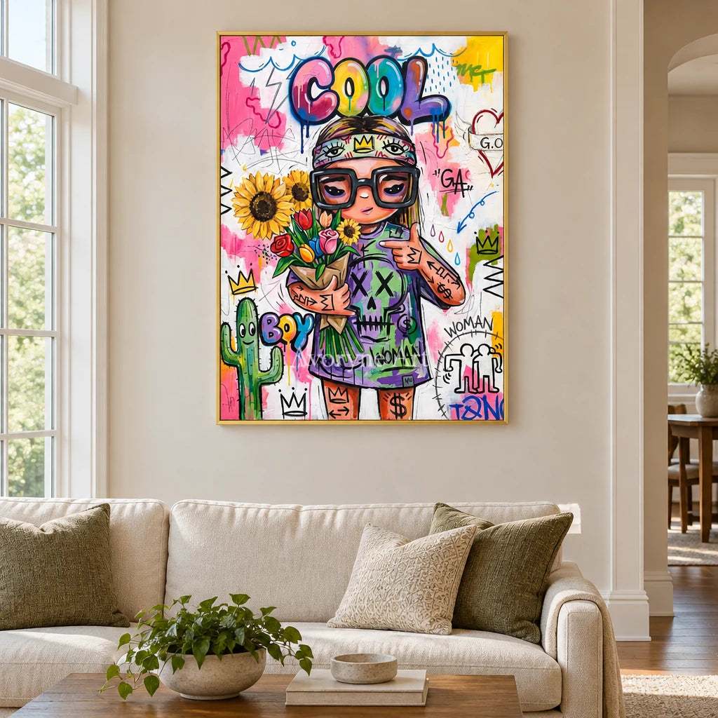 Hidden Cadence playful character wall art with a gold frame hanging in a living room