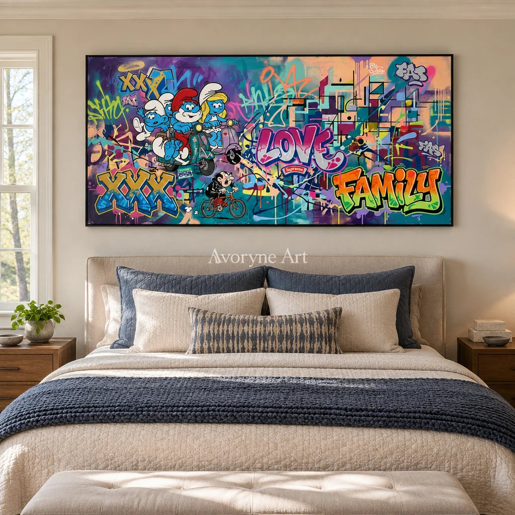 Hidden Passage playful character wall art with a black frame above a bed in a bedroom