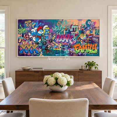 Hidden Passage playful character wall art with a white frame in a dining room