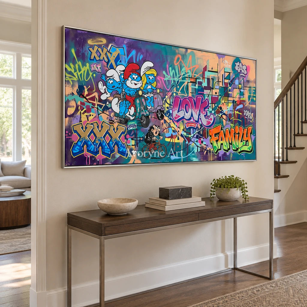 Hidden Passage playful character wall art with a silver frame in an entryway
