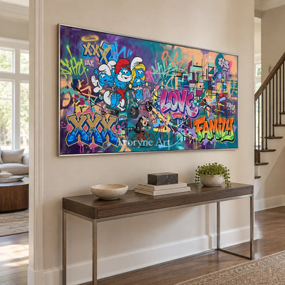 Hidden Passage playful character wall art with a silver frame in an entryway