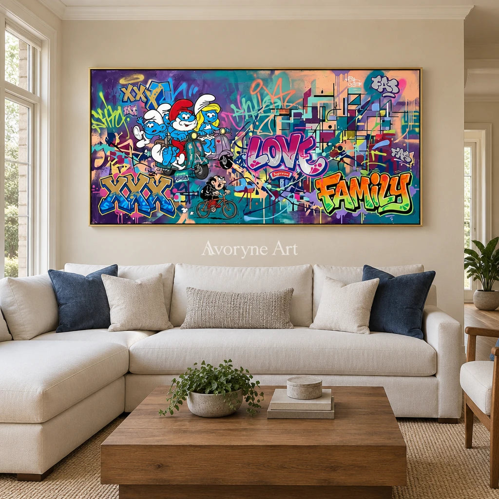 Hidden Passage playful character wall art with a gold frame hanging in a living room