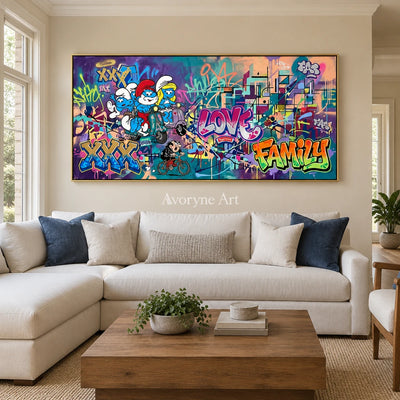 Hidden Passage playful character wall art with a gold frame hanging in a living room