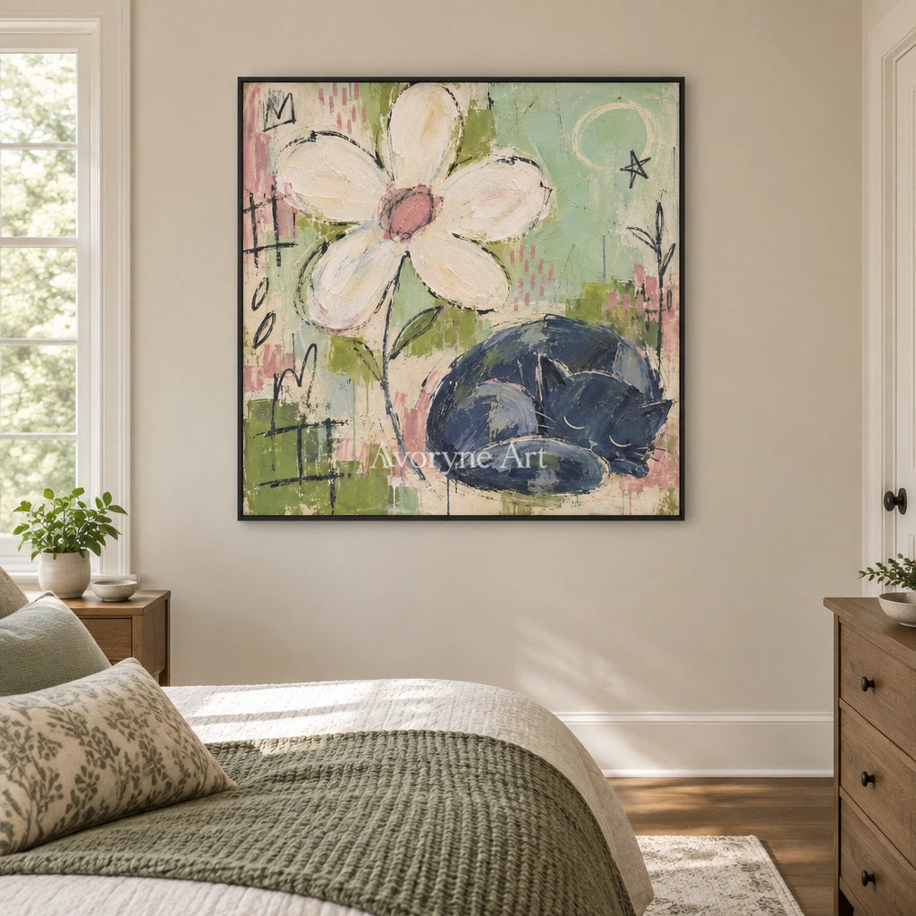 Gentle Reverie playful character wall art with a black frame above a bed in a bedroom