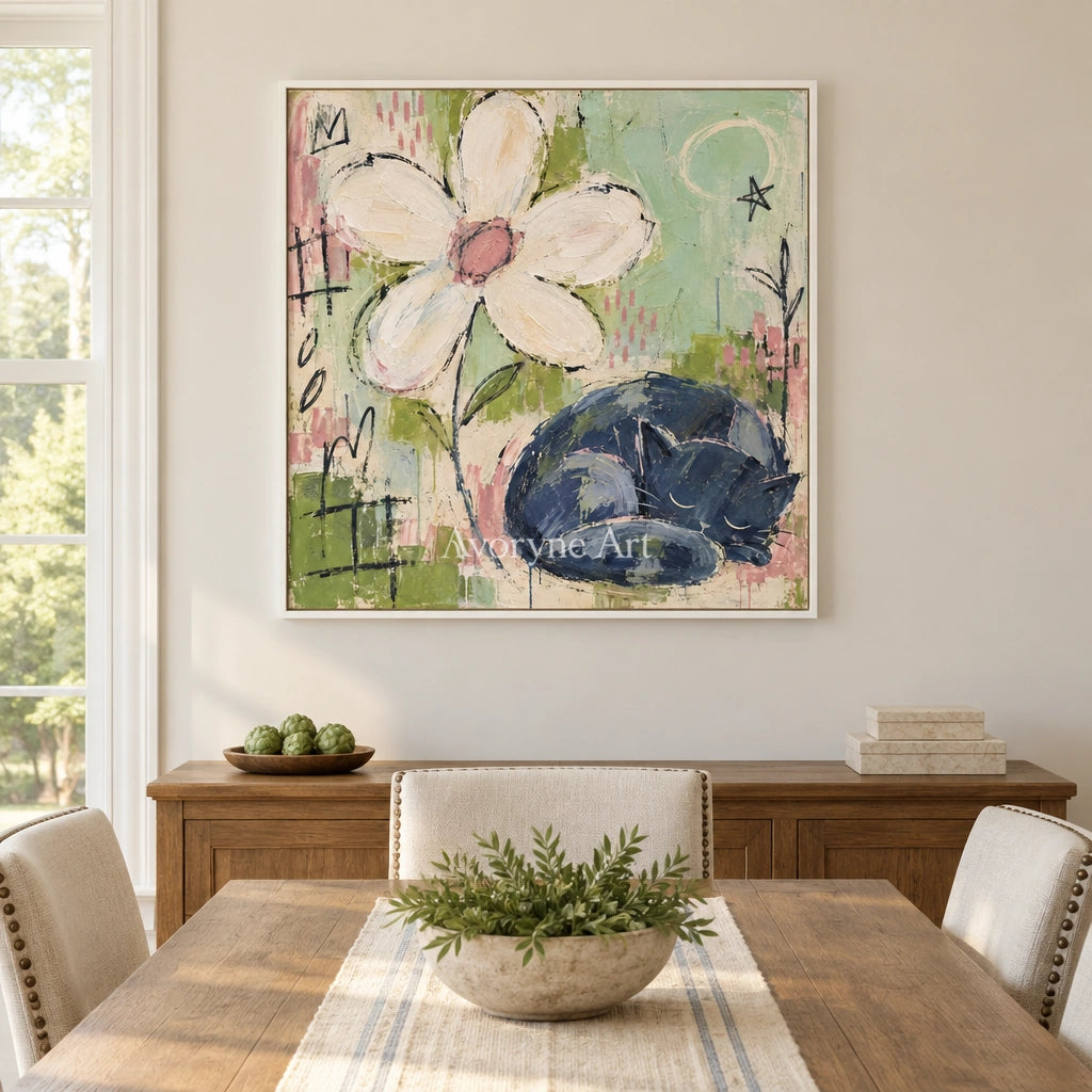 Gentle Reverie playful character wall art with a white frame in a dining room