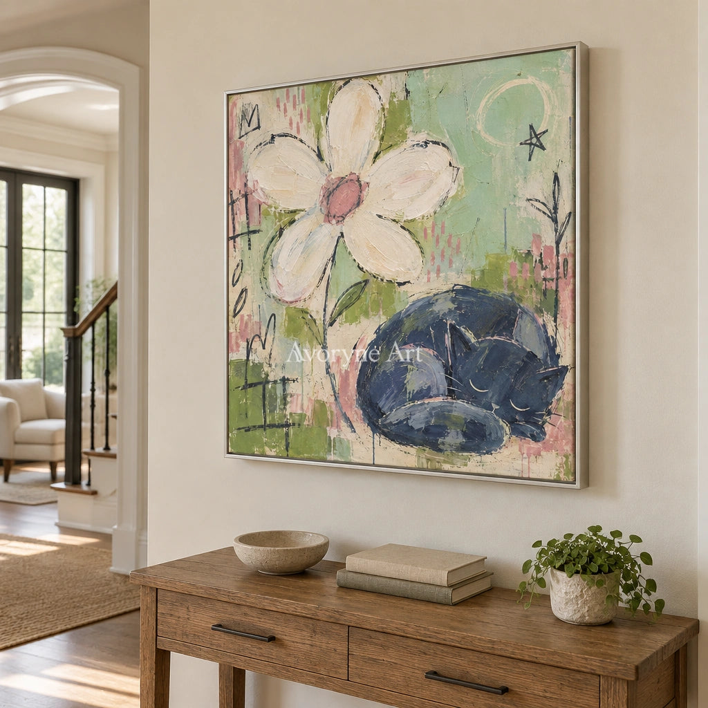 Gentle Reverie playful character wall art with a silver frame in an entryway