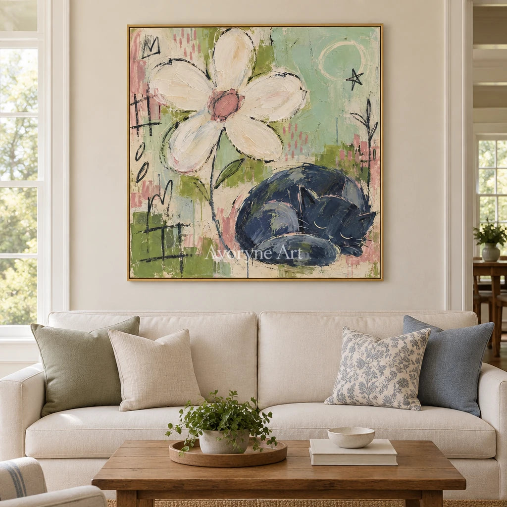 Gentle Reverie playful character wall art with a gold frame hanging in a living room