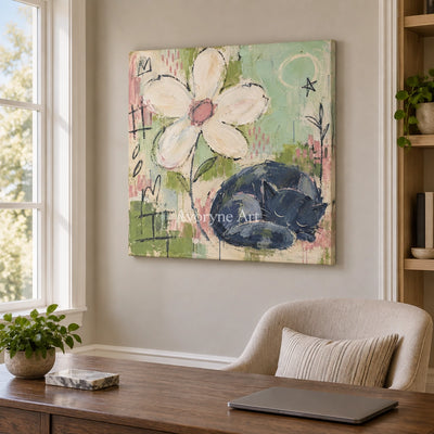Gentle Reverie playful character wall art as a frameless stretched canvas in a home office