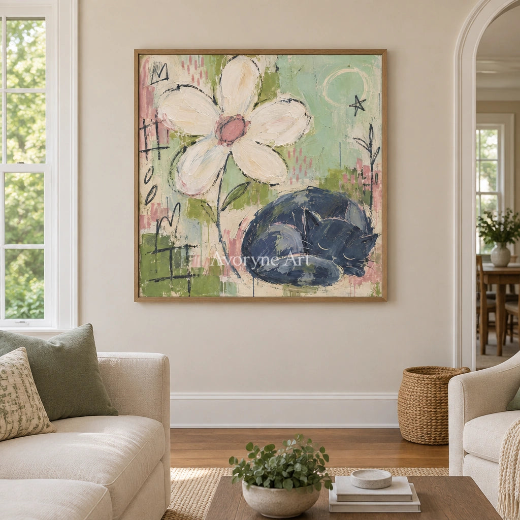 Gentle Reverie playful character wall art with a wood frame in a villa living space
