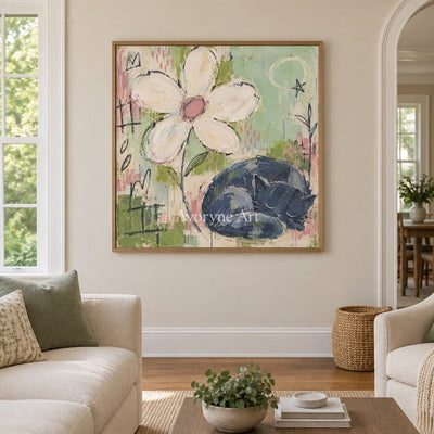 Gentle Reverie playful character wall art with a wood frame in a villa living space