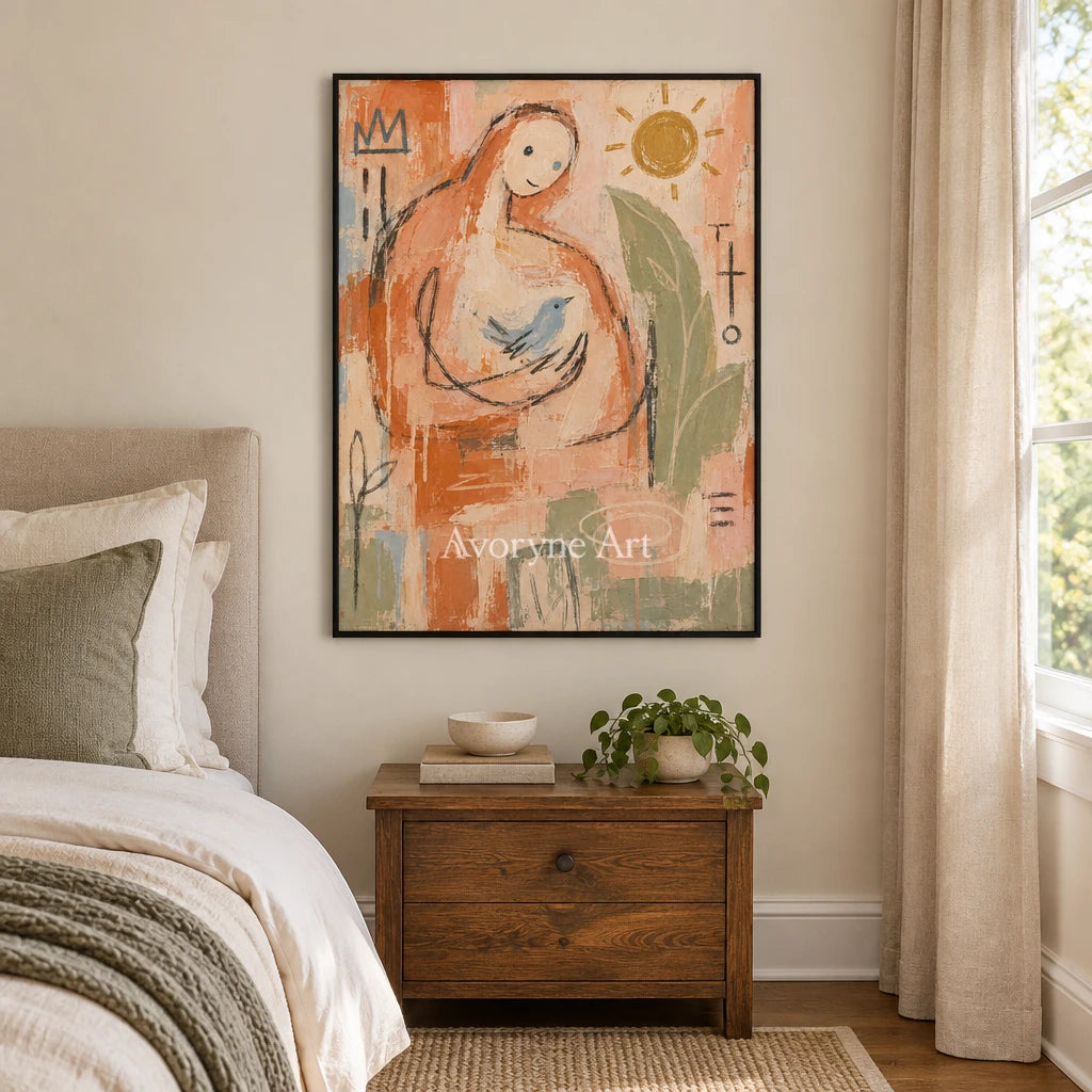 Gentle Interval playful character wall art with a black frame above a bed in a bedroom