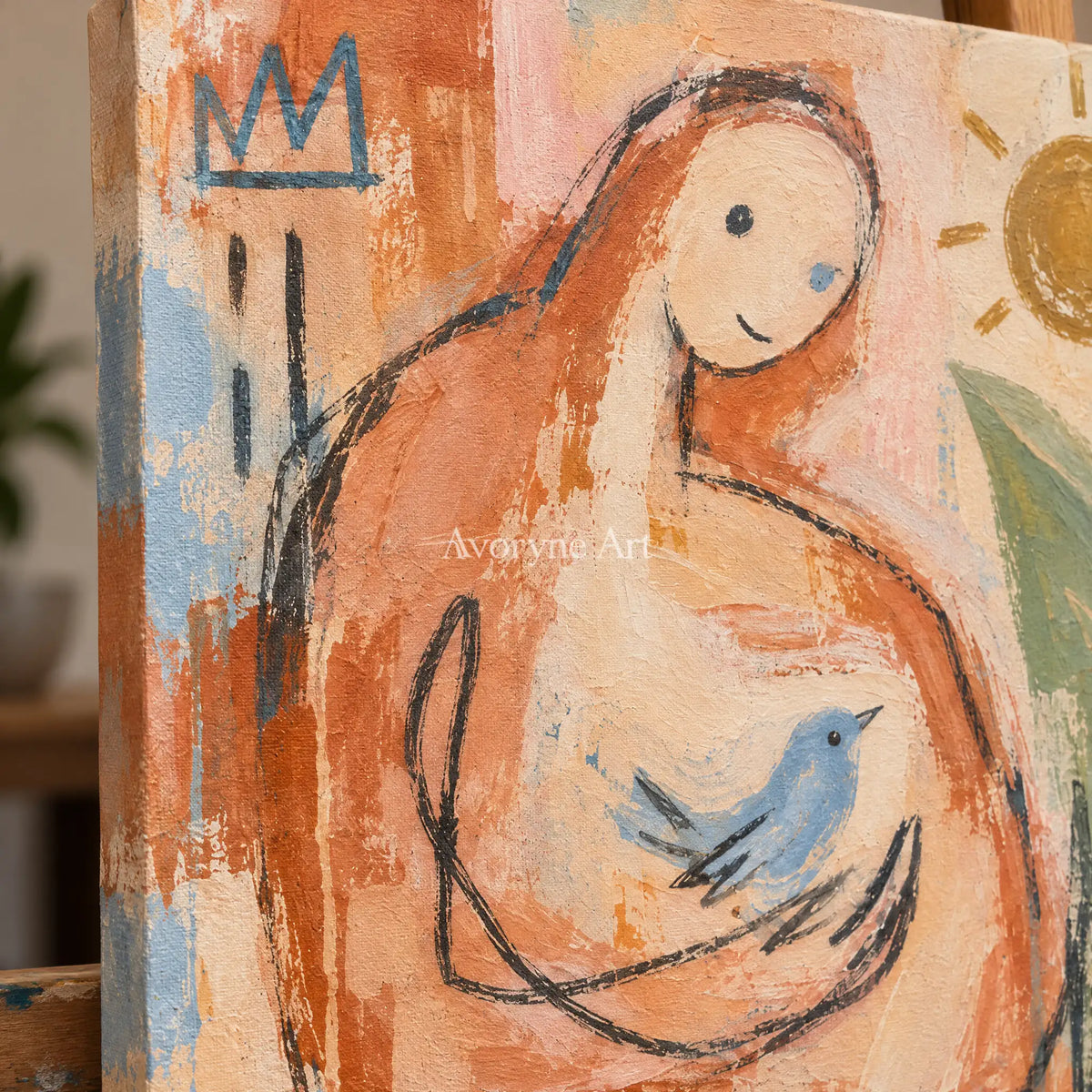 Close-up of the hand-painted texture of Gentle Interval playful character wall art on an easel