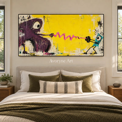 Gentle Rhythm playful character wall art with a black frame above a bed in a bedroom