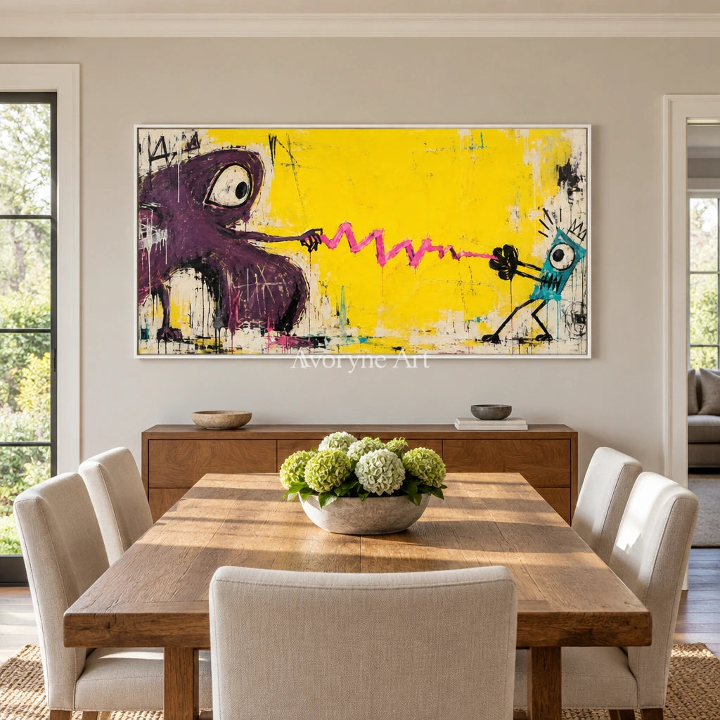 Gentle Rhythm playful character wall art with a white frame in a dining room