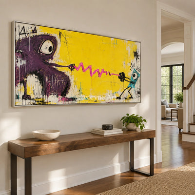 Gentle Rhythm playful character wall art with a silver frame in an entryway