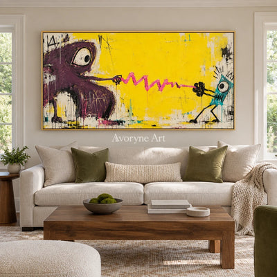 Gentle Rhythm playful character wall art with a gold frame hanging in a living room