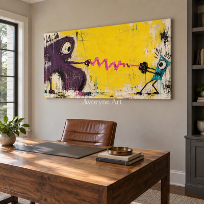 Gentle Rhythm playful character wall art as a frameless stretched canvas in a home office