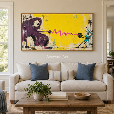 Gentle Rhythm playful character wall art with a wood frame in a villa living space