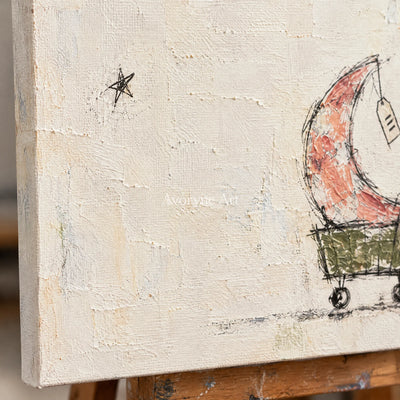 Close-up of the hand-painted texture of Open Mosaic playful character wall art on an easel