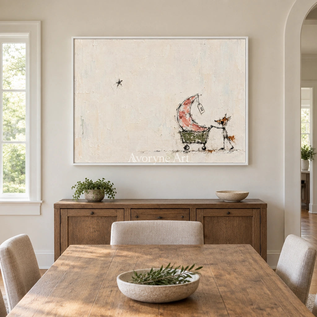 Open Mosaic playful character wall art with a white frame in a dining room