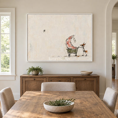 Open Mosaic playful character wall art with a white frame in a dining room