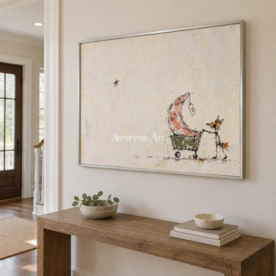 Open Mosaic playful character wall art with a silver frame in an entryway