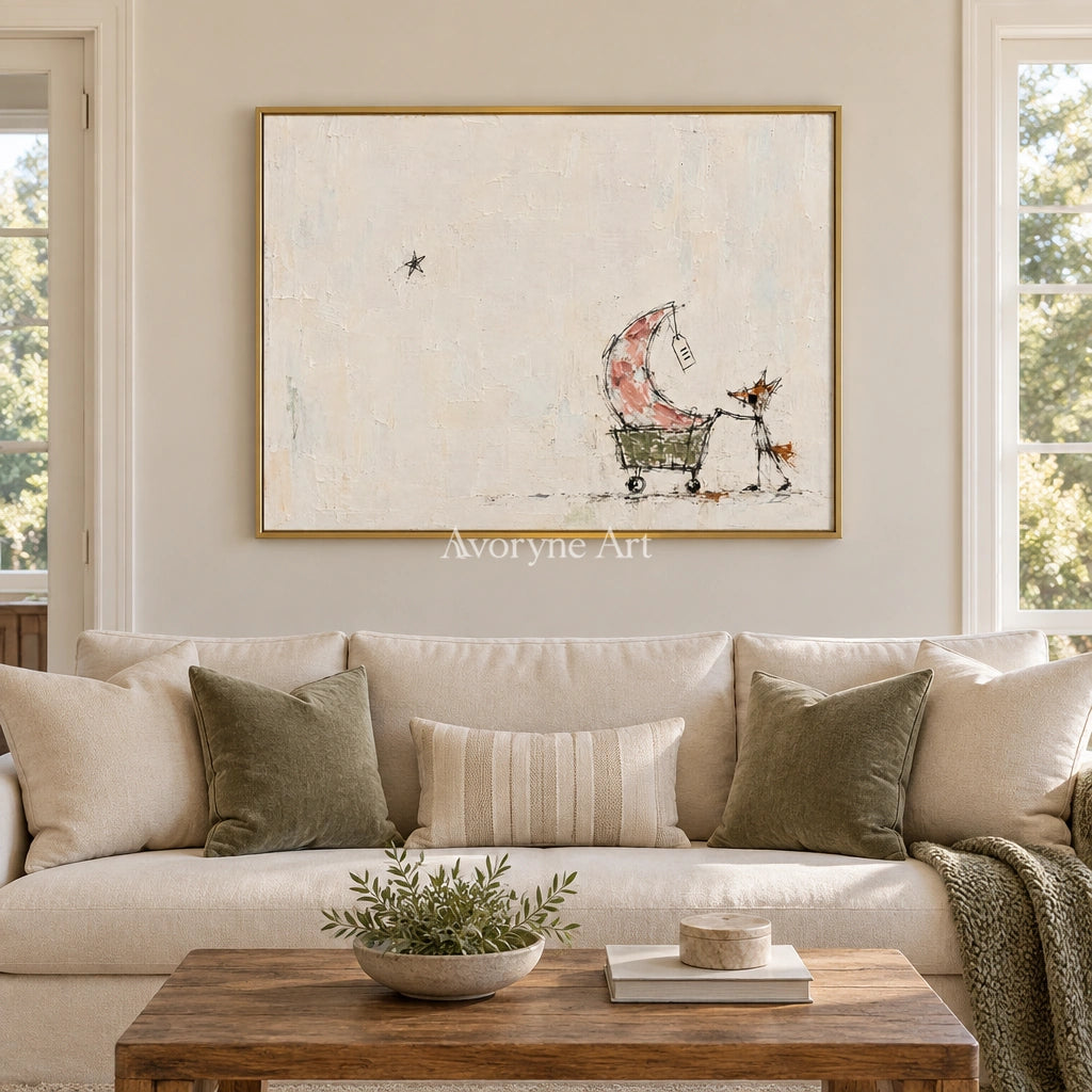 Open Mosaic playful character wall art with a gold frame hanging in a living room