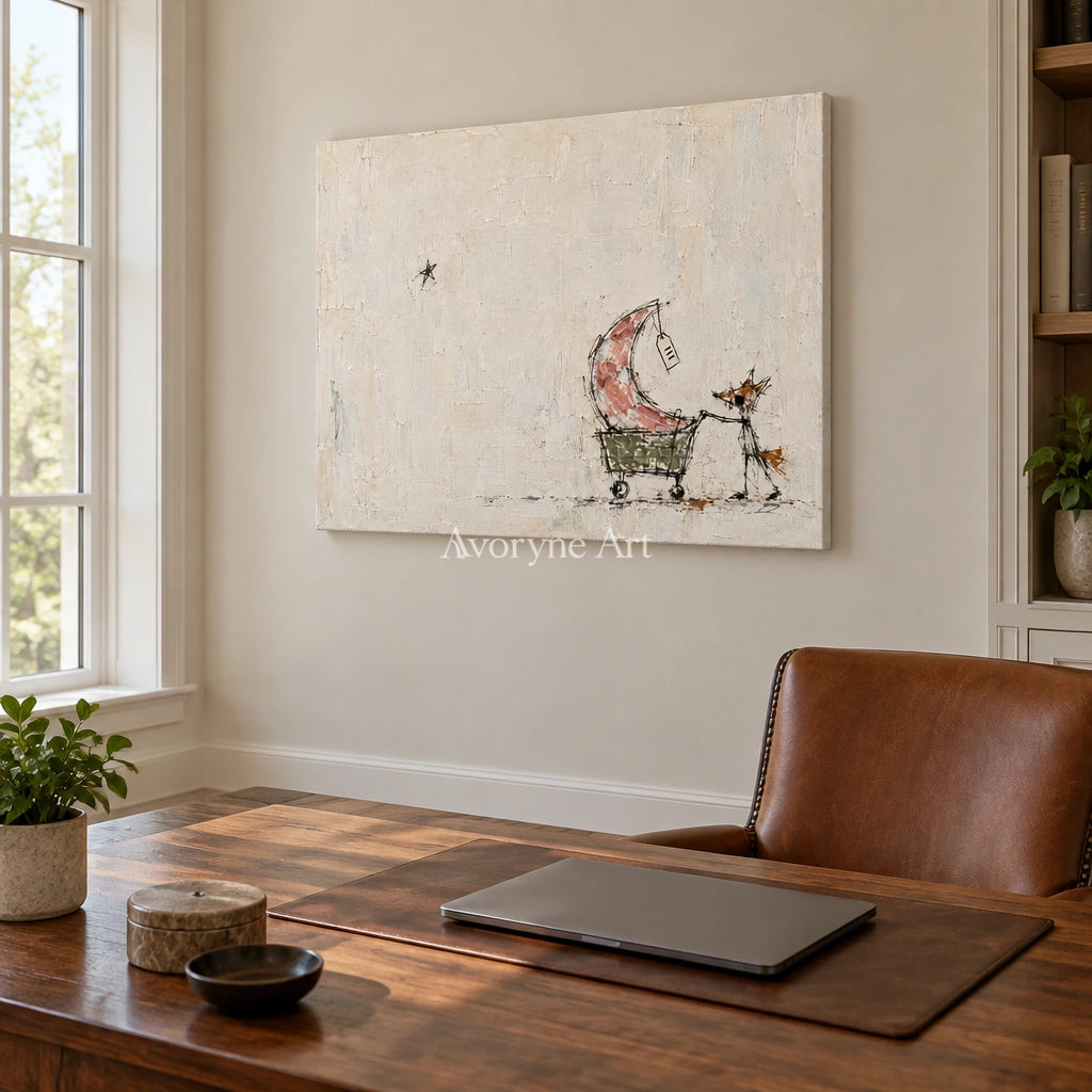 Open Mosaic playful character wall art as a frameless stretched canvas in a home office