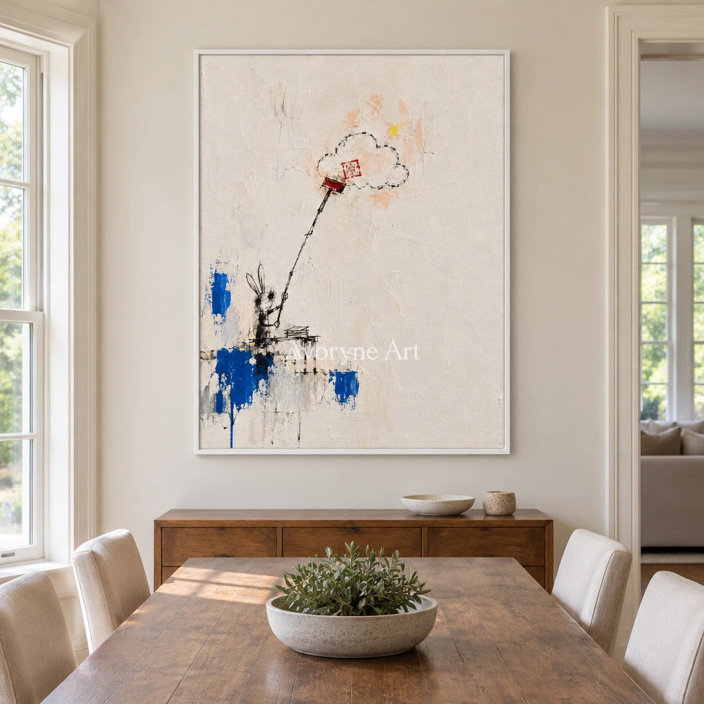 Open Drift playful character wall art with a white frame in a dining room