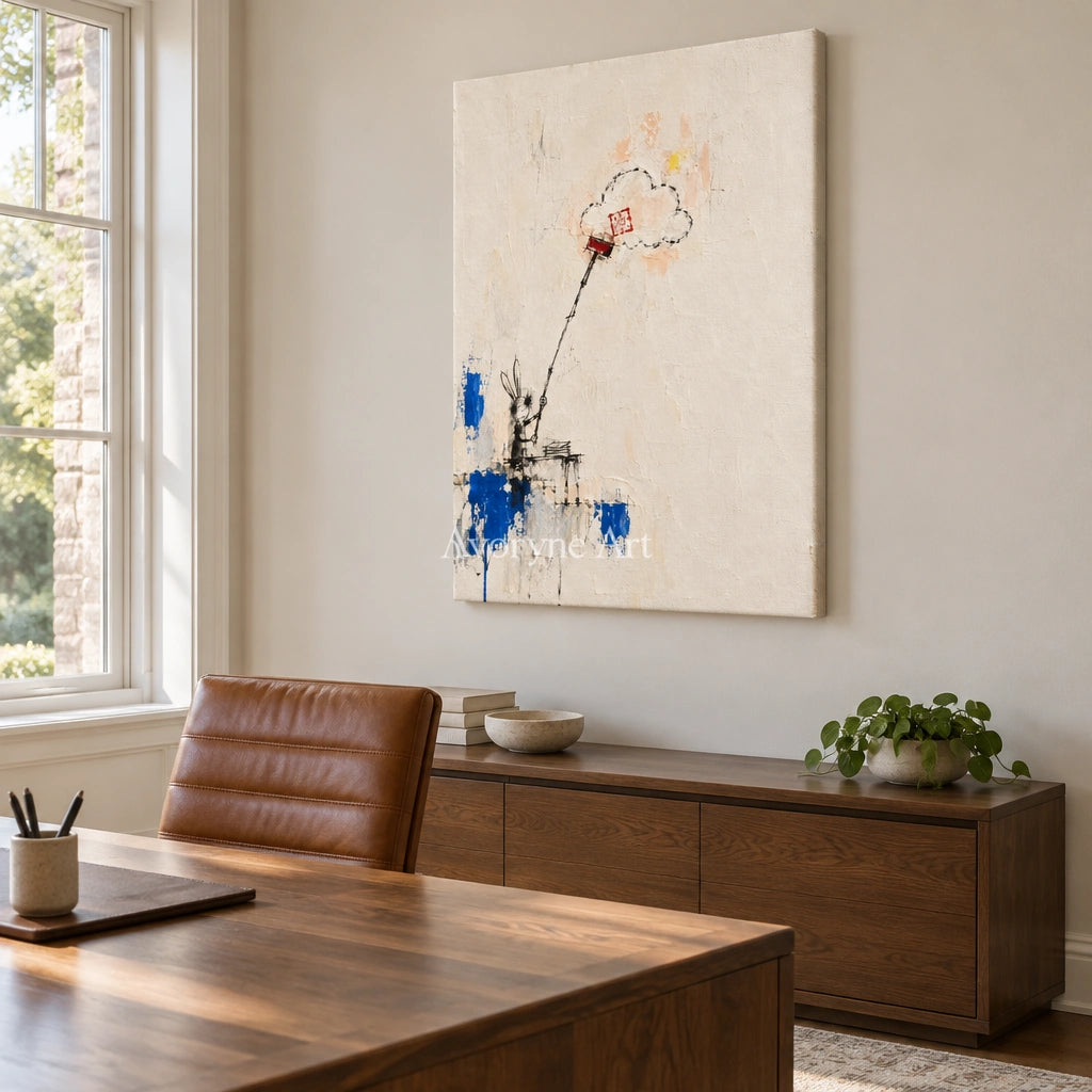 Open Drift playful character wall art as a frameless stretched canvas in a home office