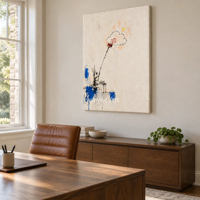 Open Drift playful character wall art as a frameless stretched canvas in a home office