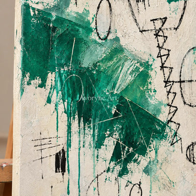 Close-up of the hand-painted texture of Open Verse playful character wall art on an easel