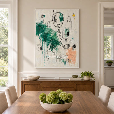 Open Verse playful character wall art with a white frame in a dining room
