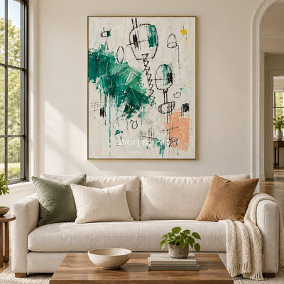 Open Verse playful character wall art with a gold frame hanging in a living room