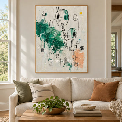 Open Verse playful character wall art with a wood frame in a villa living space