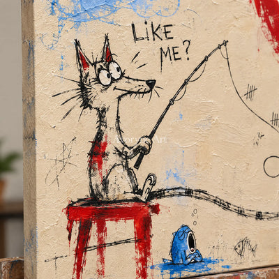 Close-up of the hand-painted texture of Distant Cadence playful character wall art on an easel