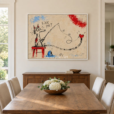 Distant Cadence playful character wall art with a white frame in a dining room