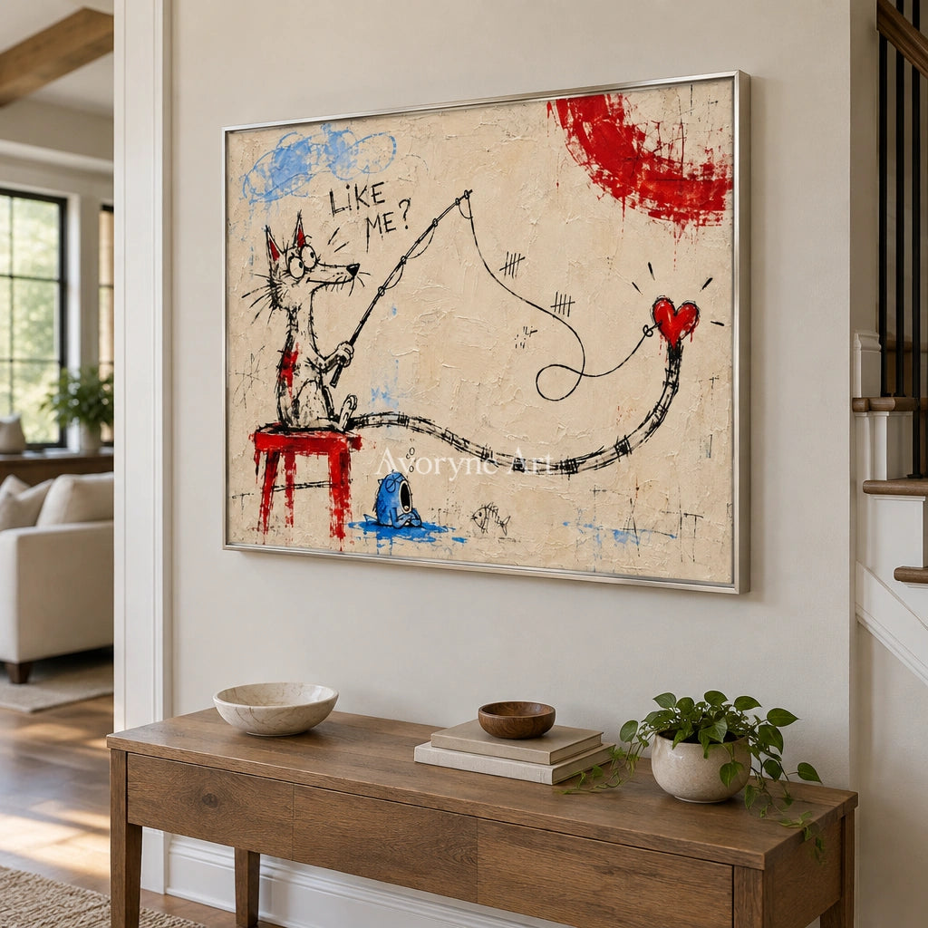 Distant Cadence playful character wall art with a silver frame in an entryway